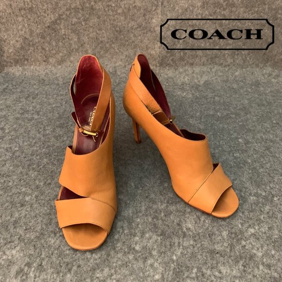 Coach New York Women’s Brown/Tan Ankle Buckle Strap Leather Heel Peep Toe Shoes - Picture 1 of 12